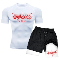 Terno apertado de compressão de secagem rápida masculino, shorts de dupla camada de manga curta, fitness esportivo, camisas casuais Rashguard verão