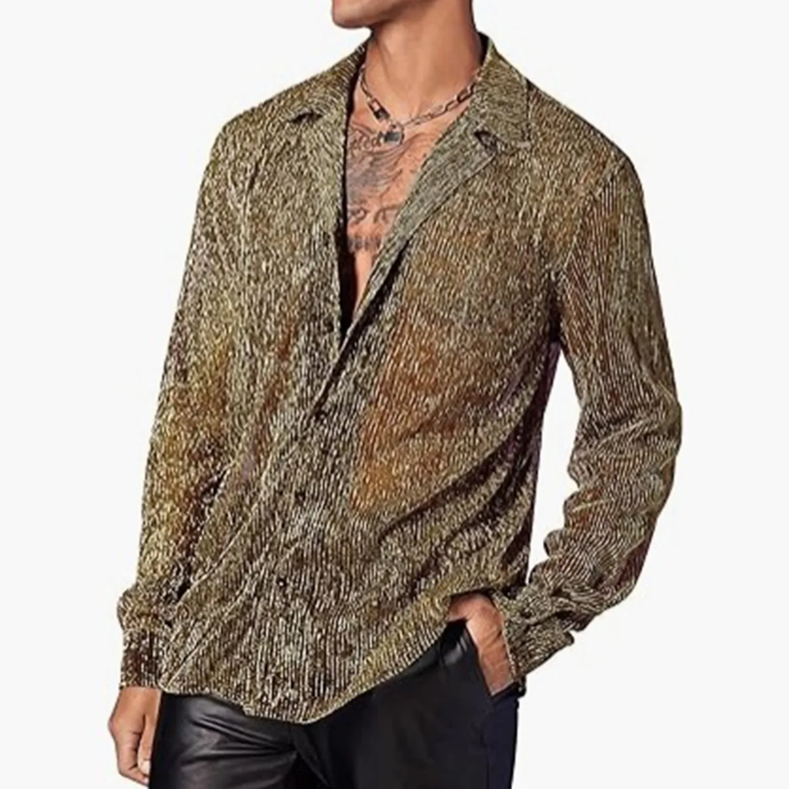 Fashion Spring And Summer Men'S Shirts Shiny See Through Shirt Lapel Long Sleeved Casual Shirt Large Size Oversized Shirt