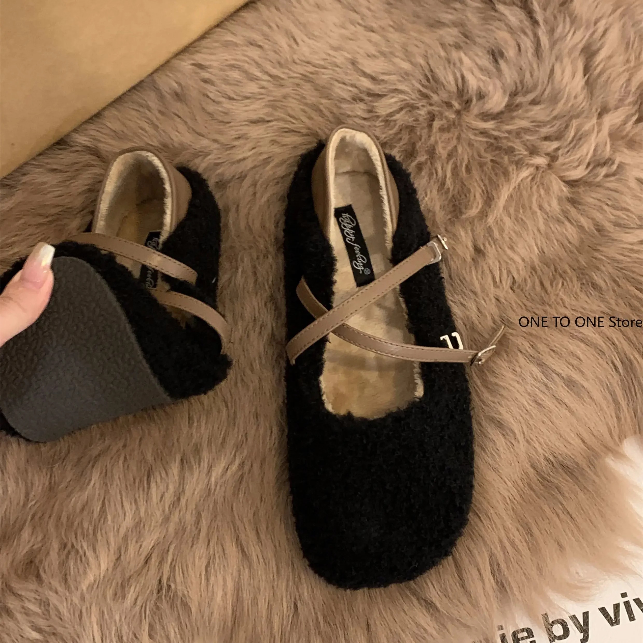 2024 Fashion Round Toe Wool Ballet Flats Ladies Brand Design Fur Mary Jane Shoes Woman Winter Warm Plush Loafers Mujer