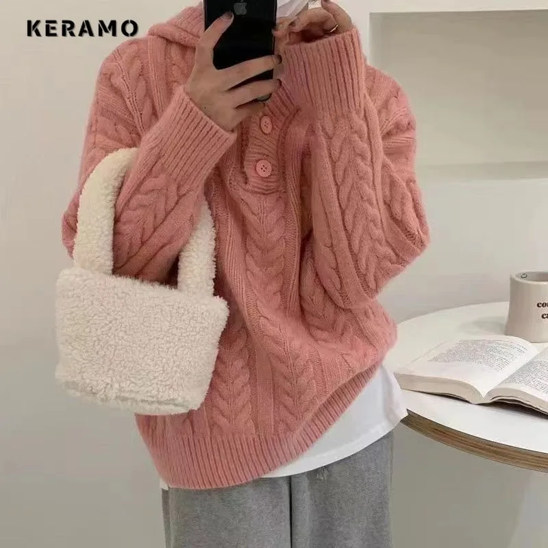 

2023 Autumn Winter Sweet Casual Y2K Knitting Long Sleeve Pullovers Korean Fashion Women Solid Color Round Neck Ladies Sweater