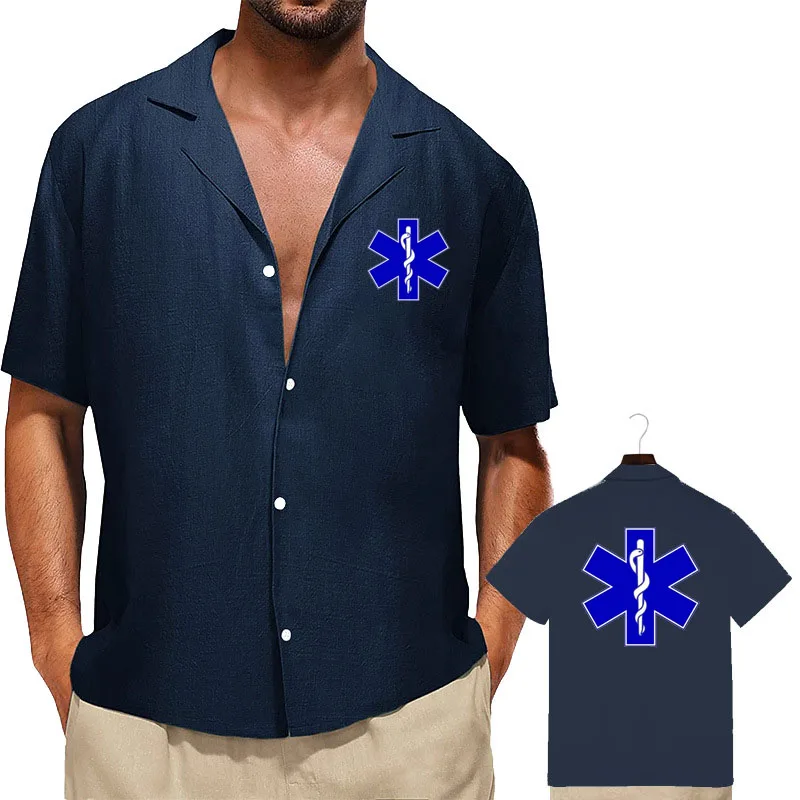 Summer new Oversized T-shirts EMT Emergency Ambulance Printing Cotton buttons men's cardigan short sleeve Medical clothing