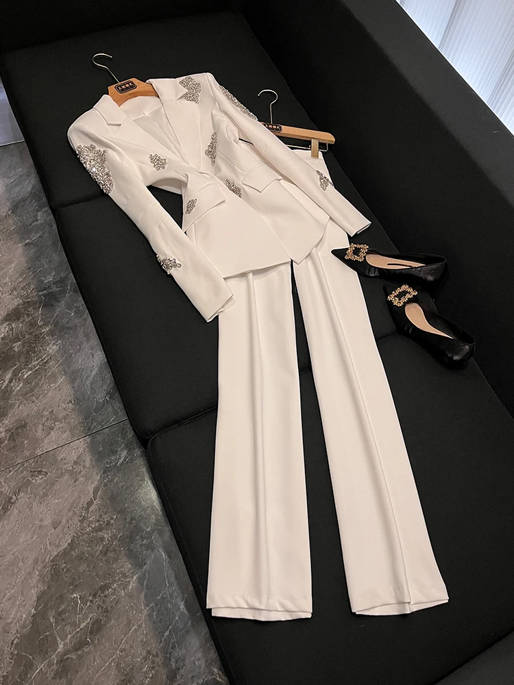 

Белый тяжелый костюм на одной пуговице, женские длинные брюки, комплект из двух предметов, Ele Lady Sle, встроенный бриллиантами A22032