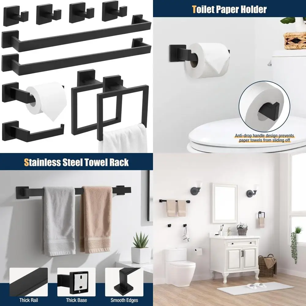

23.6 Inch Stainless Steel Bathroom Accessory Set with Towel Bar, Racks, Ring, Hooks & Paper Holder (Black)
