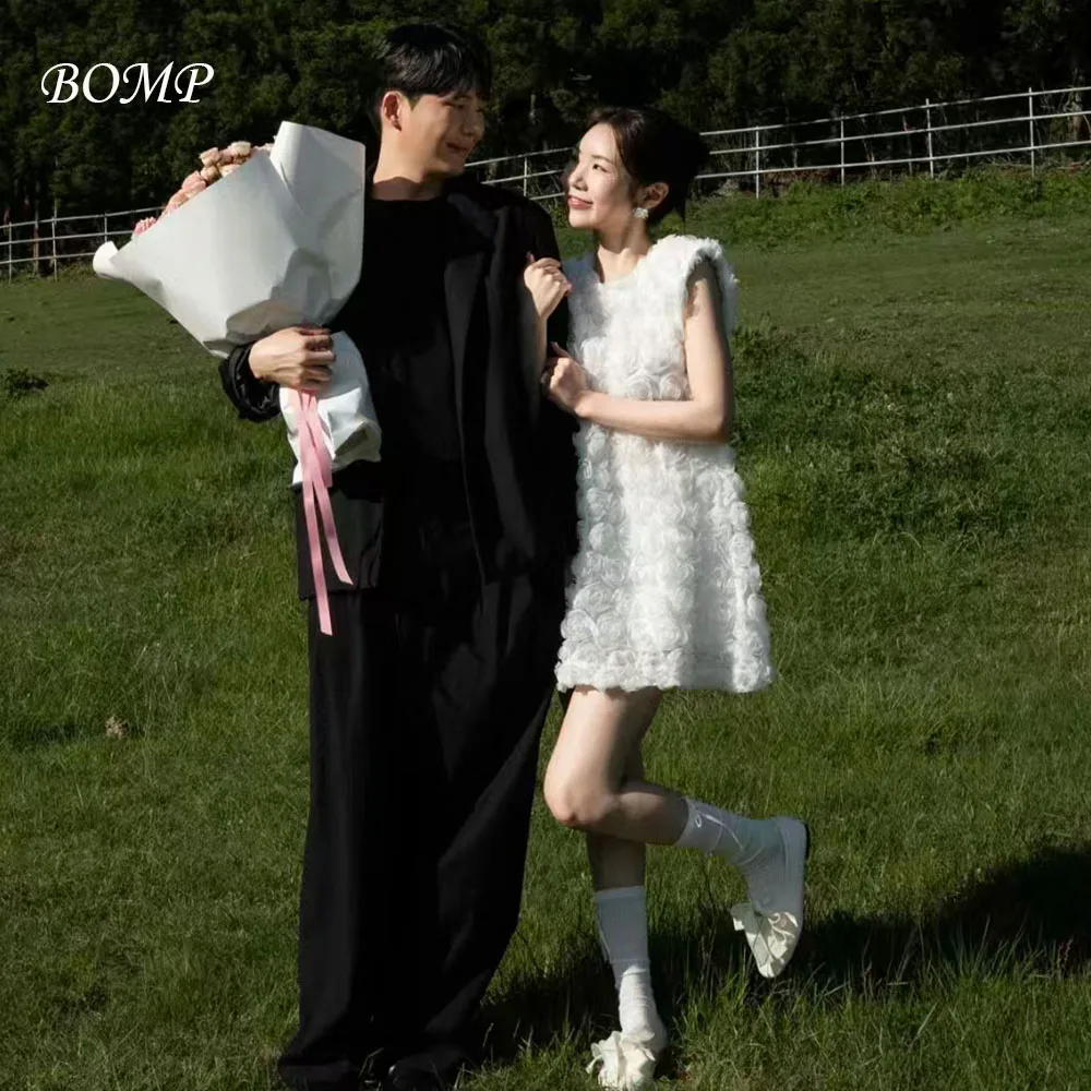 BOMP Sweet Flowers Wedding Party Short Dress O-Neck A-Line White Tulle Korea Photo Shoot Bridal Reception Gown Customized