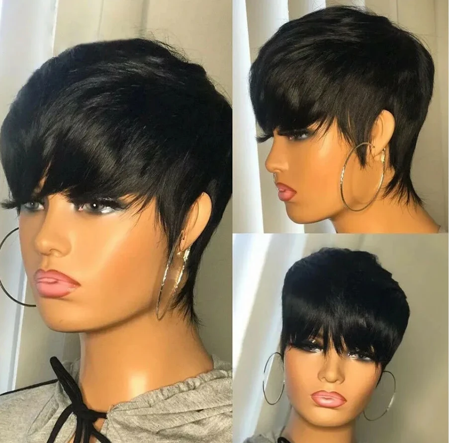 SEVENMOONS Pixie cut Straight Human Hair Short Bob Wig Cheap Remy Human Hair for Black Women Full Machine Made Wig For Daily Use