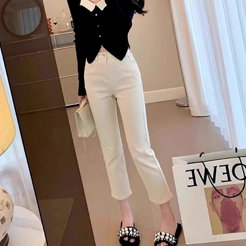 

Spring 2025 Women's Straight Leg Jeans Slim Fit High Waist Nine Points Elastic Cotton Denim Pants Pure Color Wear Resistant