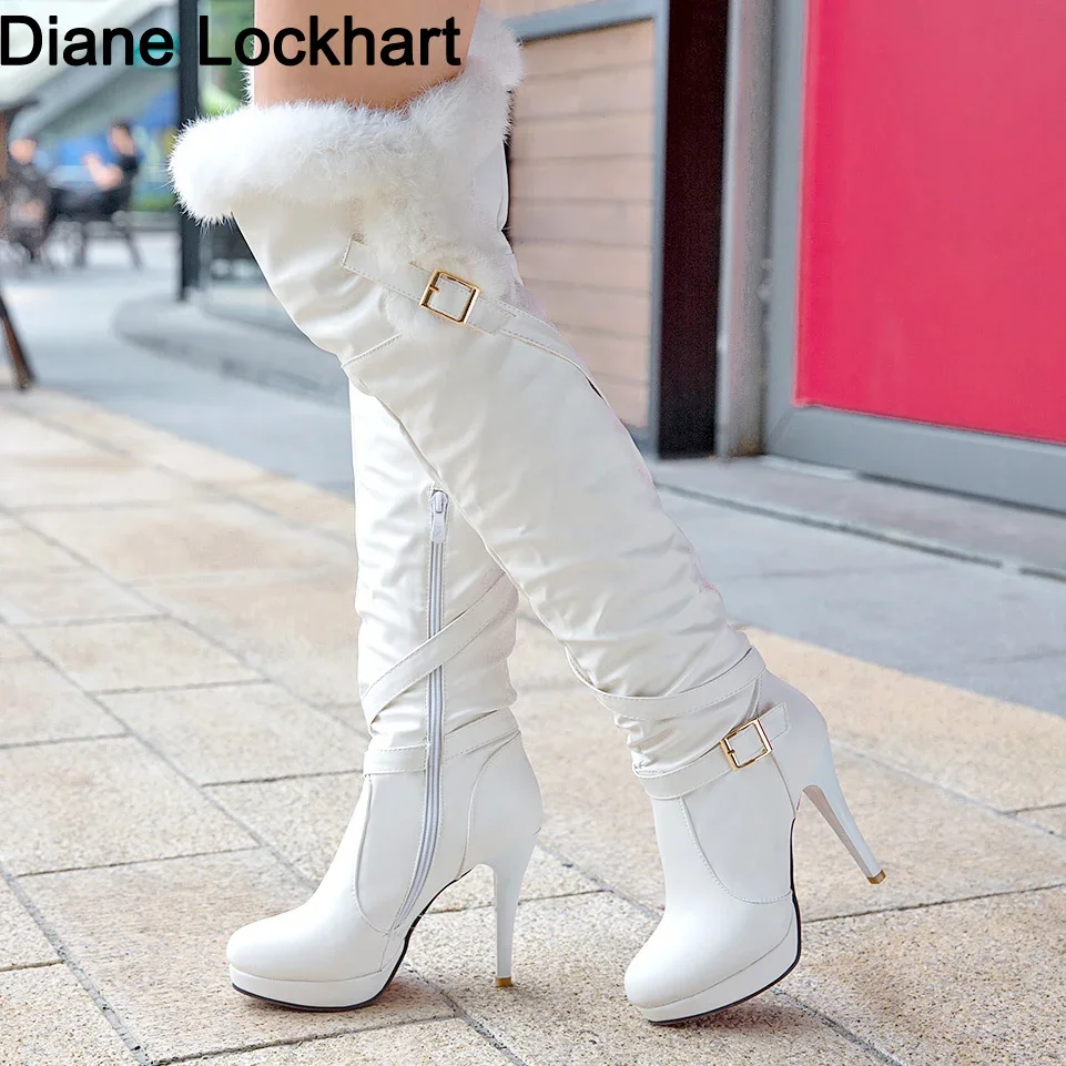 PU Soft Leather Over Knee High Heels Boots Platform Warm Woman 's Winter Long Boots Zapatos Mujer Black White Party Fetish Shoes