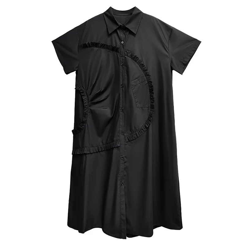 

Big Size Shirt Dress Women Black Ruffles Pocket Spliced New Lapel Sleeveless Fashion Tide Spring Summer 2025