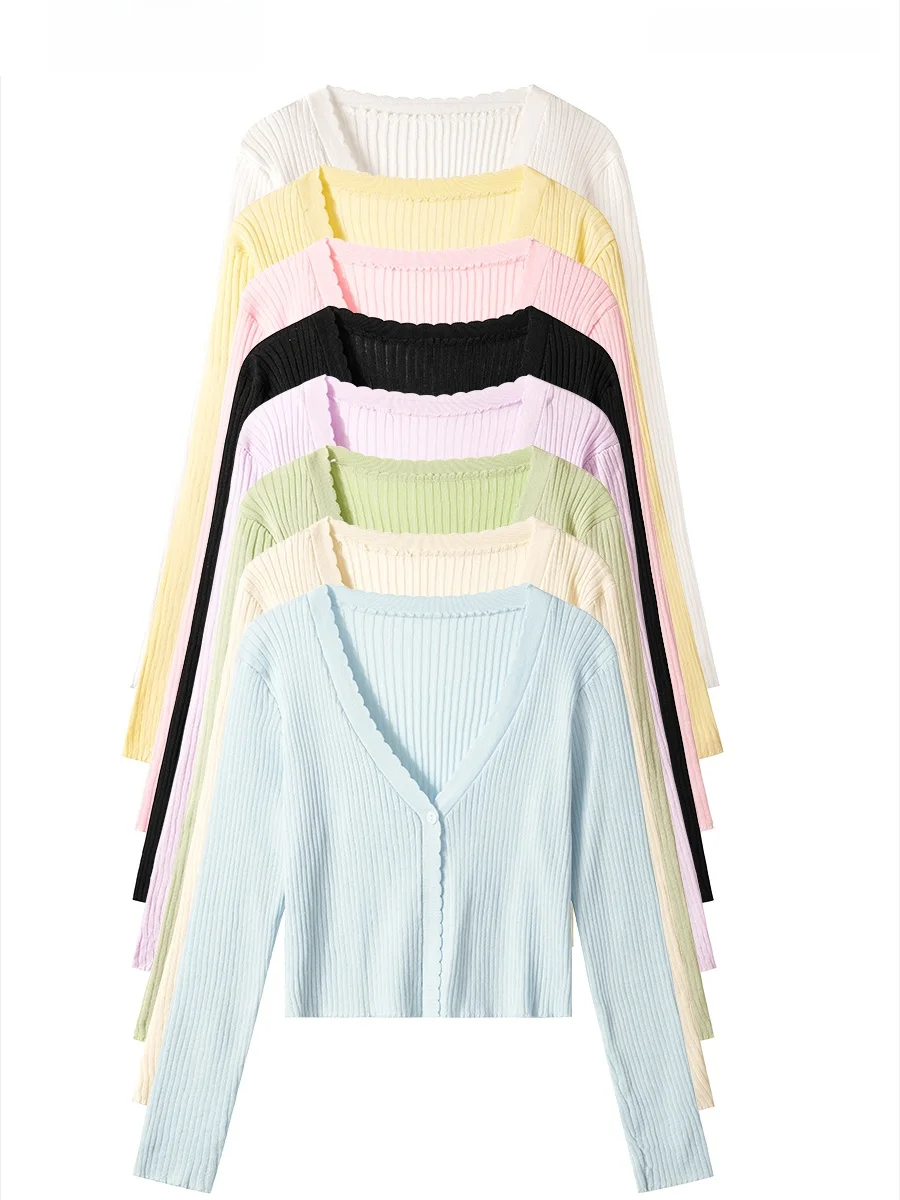 

Korean Style Simple V-Neck Knitted Open Cardigan Women's Summer Short Sleeve Long Sleeve Outerwear Small Size Layering Top