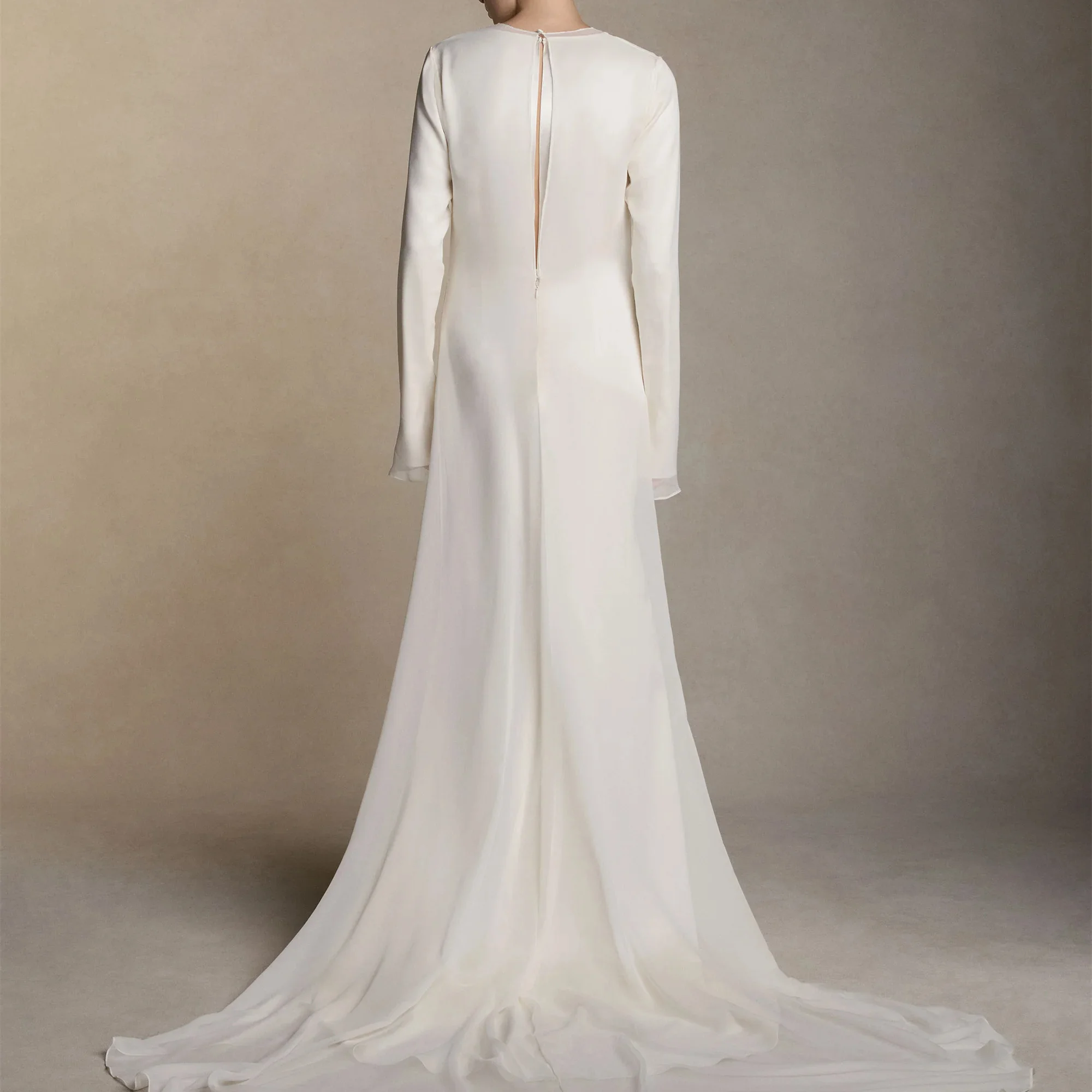 Deep V Neck Long Sleeve Wedding Dress For Women Minimalist Chiffon Bridal Gown Design With Long Train Simple Elegant Civil Dress