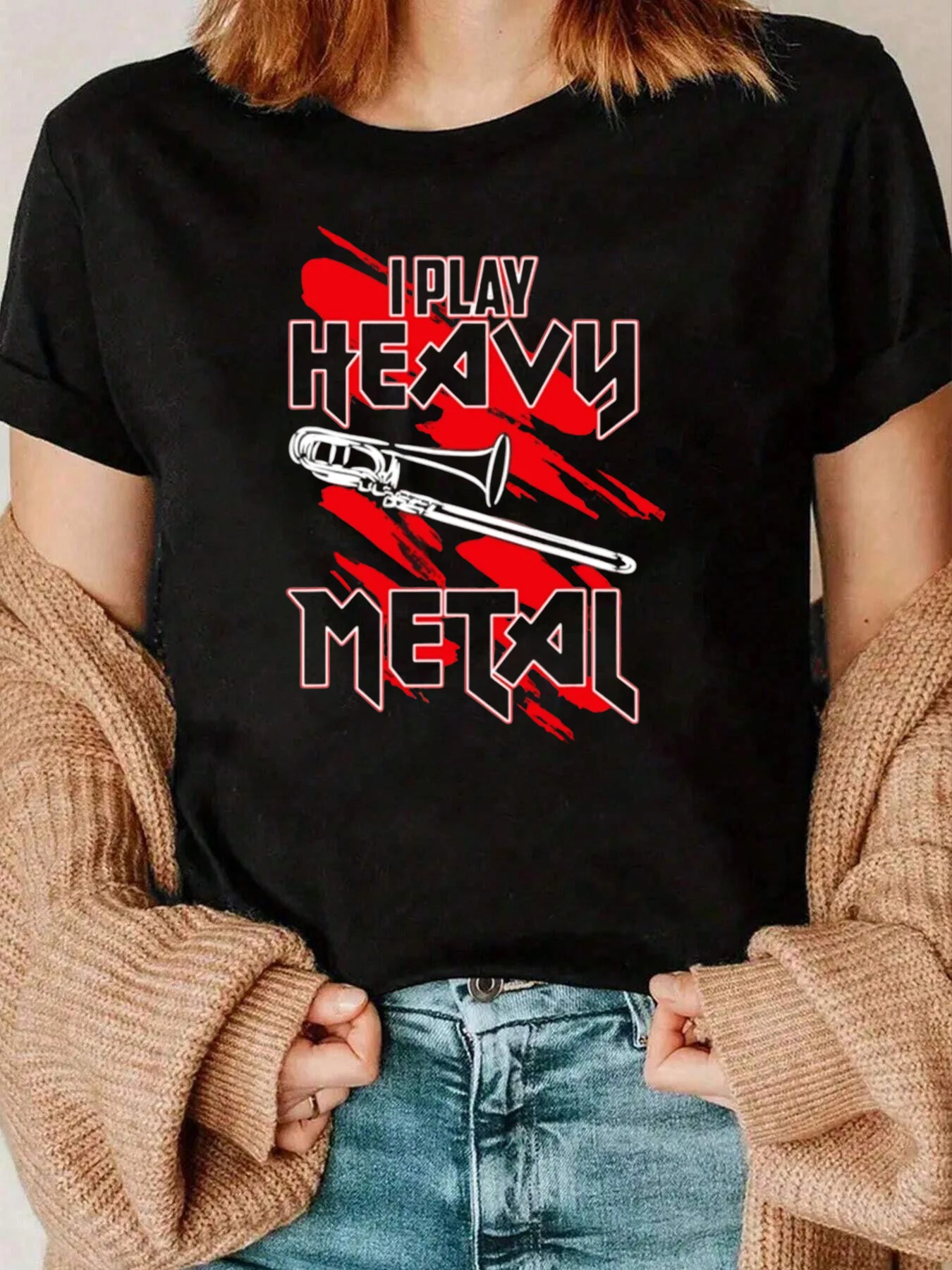 Posaune Heavy Metal Musik Print T-Shirt Freizeitkleidung für Musiker 220g