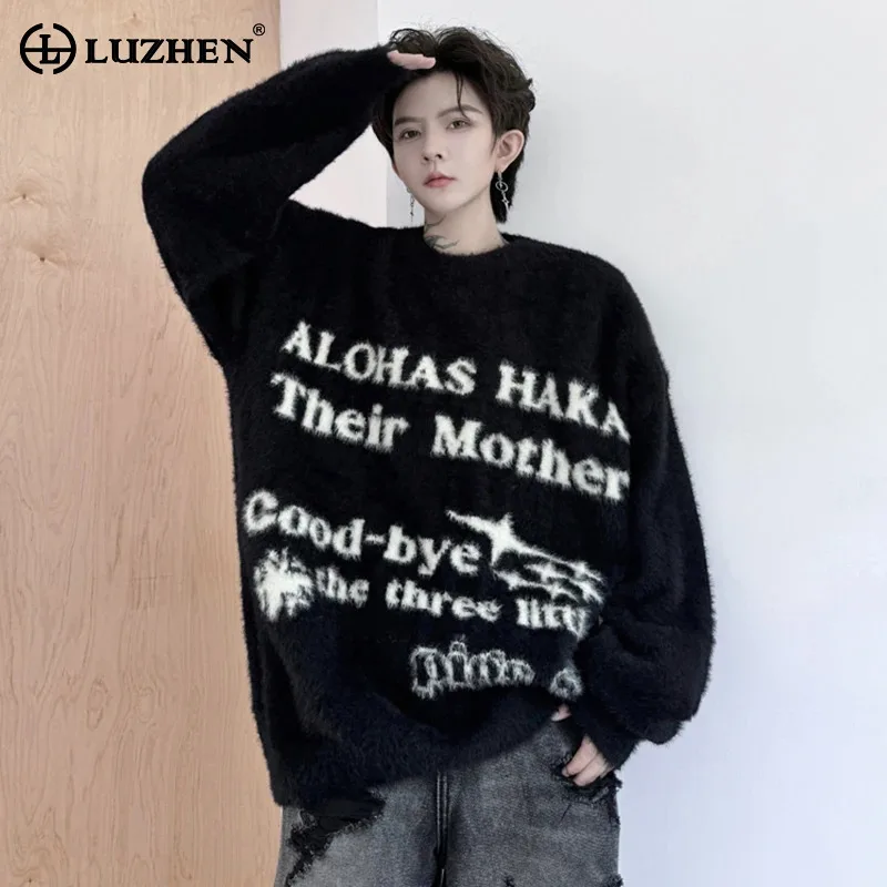 

LUZHEN повседневный жаккардовый толстый вязаный свитер 2024, нишевый дизайнер с буквами, теплая свободная американская мужская флисовая одежда, топ JY4669