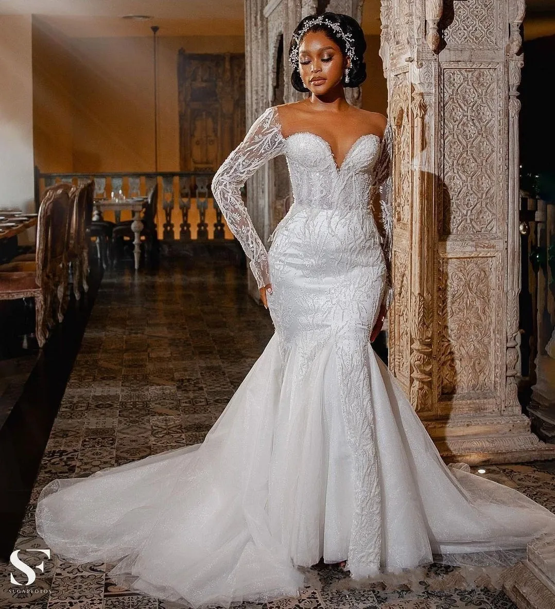 

Luxurious Mermaid Wedding Dress 2026 Sheer Neck Long Sleeves Illusion Beaded Lace Bridal Gown for Brides New Vestido De Noiva