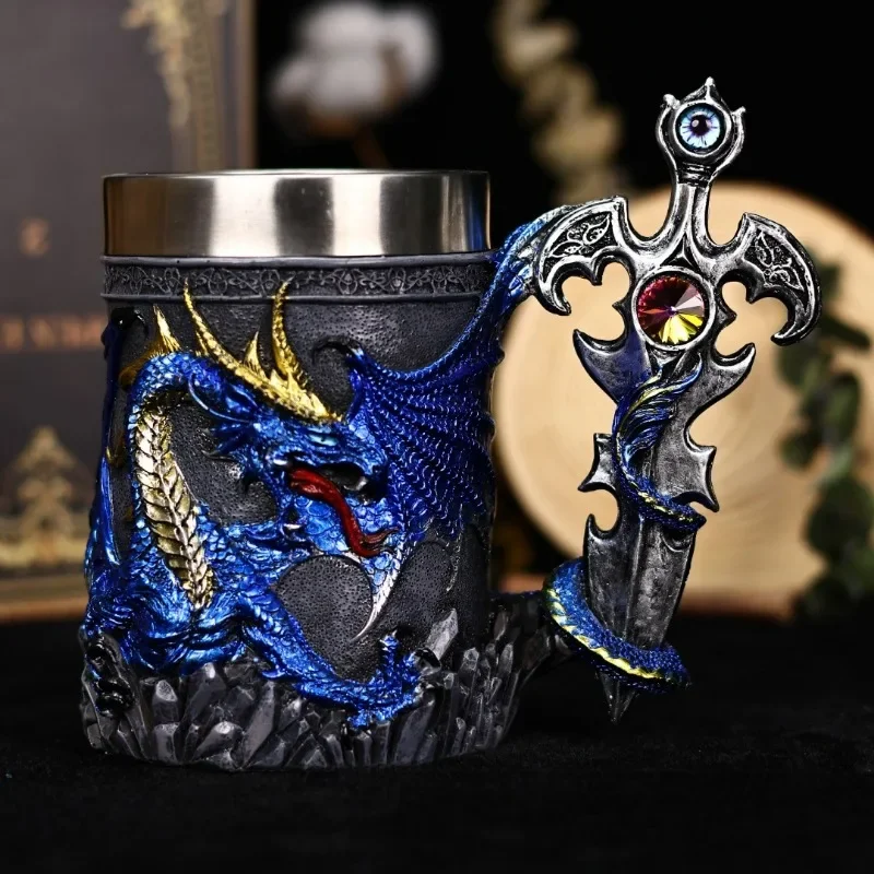 Flying Dragon Beer Glass Cross Sword Resin Stainless Steel Mug 3D Dragon Statue Beer Water Cup Good-looking Coffee Cup for Gifts