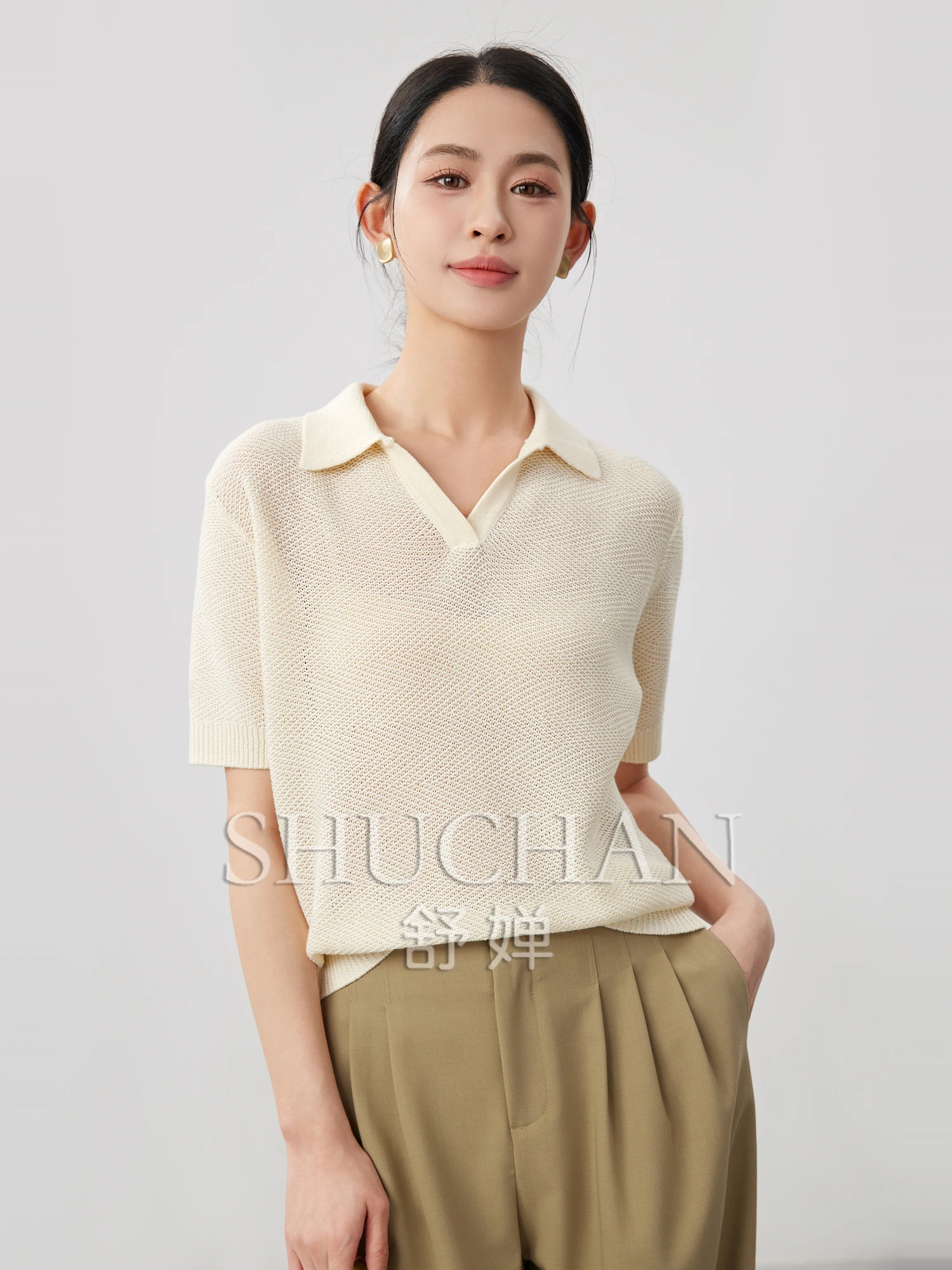 

Slack minimalist British polo lyocell cotton and paper yarn short-sleeved knitted sweater women hollow out