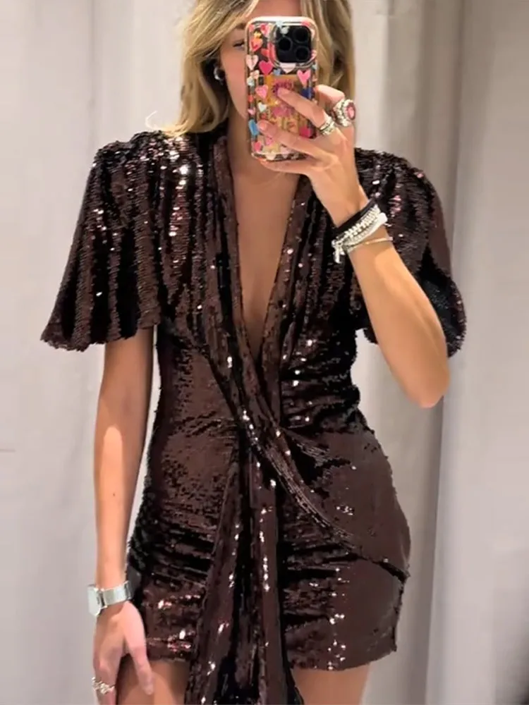 Sexy Sequins Short Dress Women V-Neck Short Sleeve Ruched Ribbon Bodyron Party Dresses 2026 Spring Street Chic Lady Vestidos