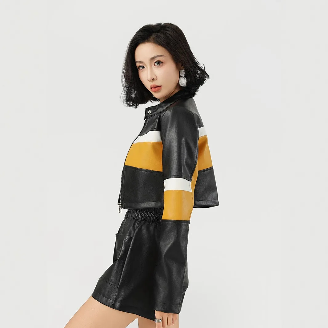 2026 Autumn Fashion Striped Contrast Long Sleeve Asymmetric Short Coats Female Sexy Moto Cropped Faux Leather Jackets for Women