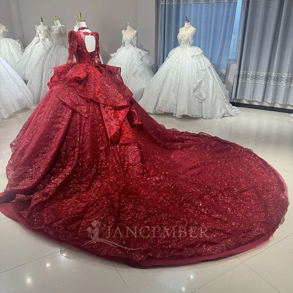 Luxurious Wedding Dress Organza With Bead Princess Ball Gown Full Sleeve Scoop-Neck Customized Bride Dress Vestido De Novia