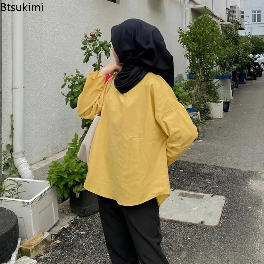 New Large Size Loose Muslim Blouses for Women Fashion Vintage Solid Simple Tops Versatile Casual Pullover Islamic Clothing Femme