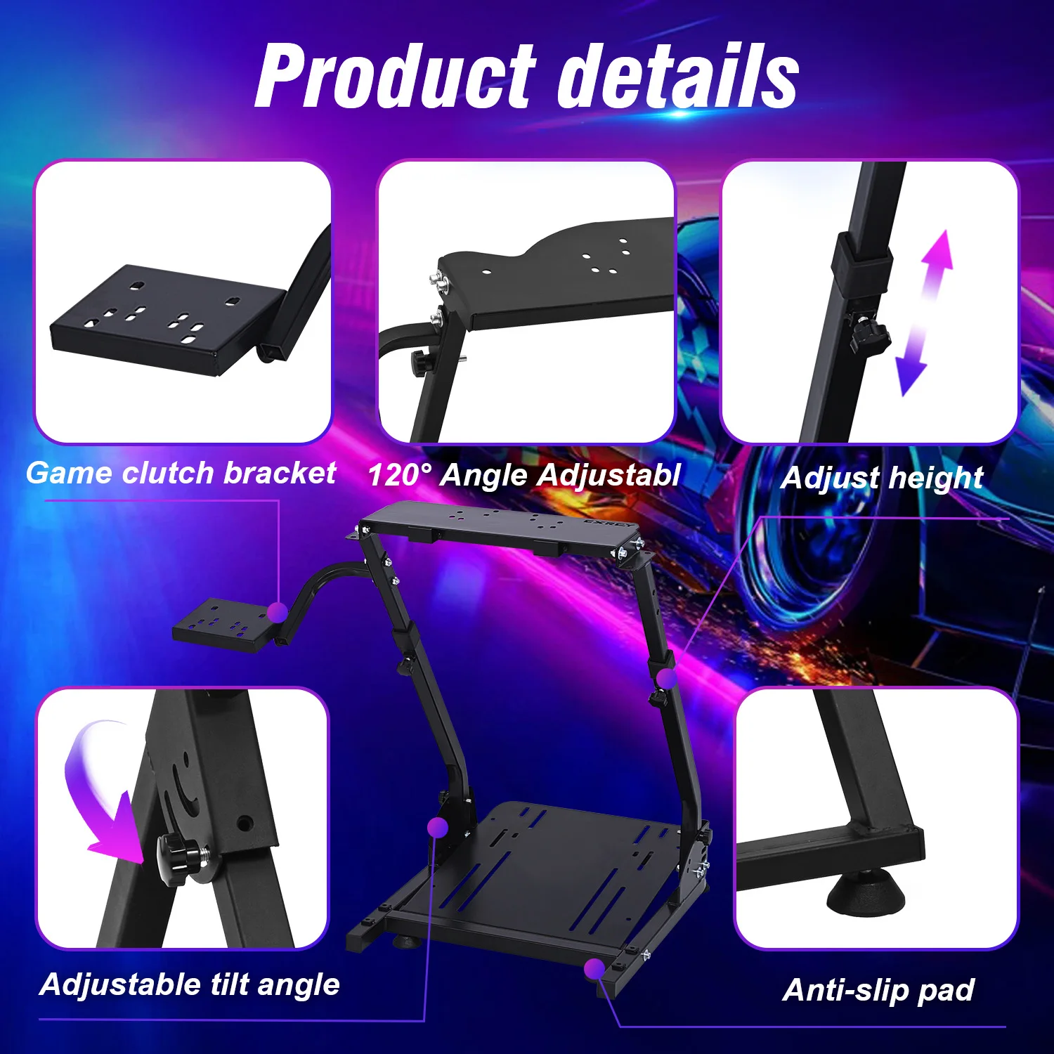 حامل عجلة محاكاة السباق العالمي القابل للتعديل مع هيكل مثلث قابل للطي، عجلة قيادة مريحة للألعاب المدمجة