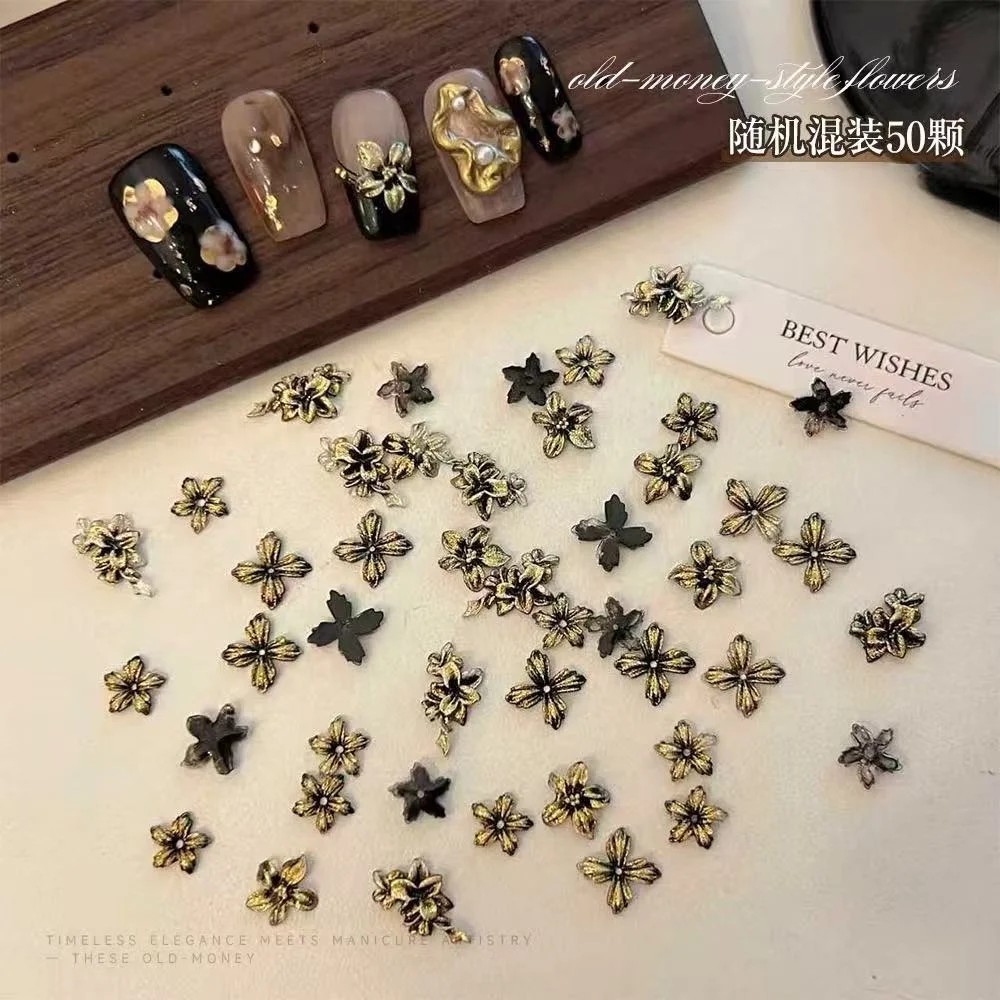 50pcs Mixed Black Gold Old Money Style Soft Carving Lily Flower Nail Accessories 3D Gilded Lily Flower Retro Nail Charms Decor