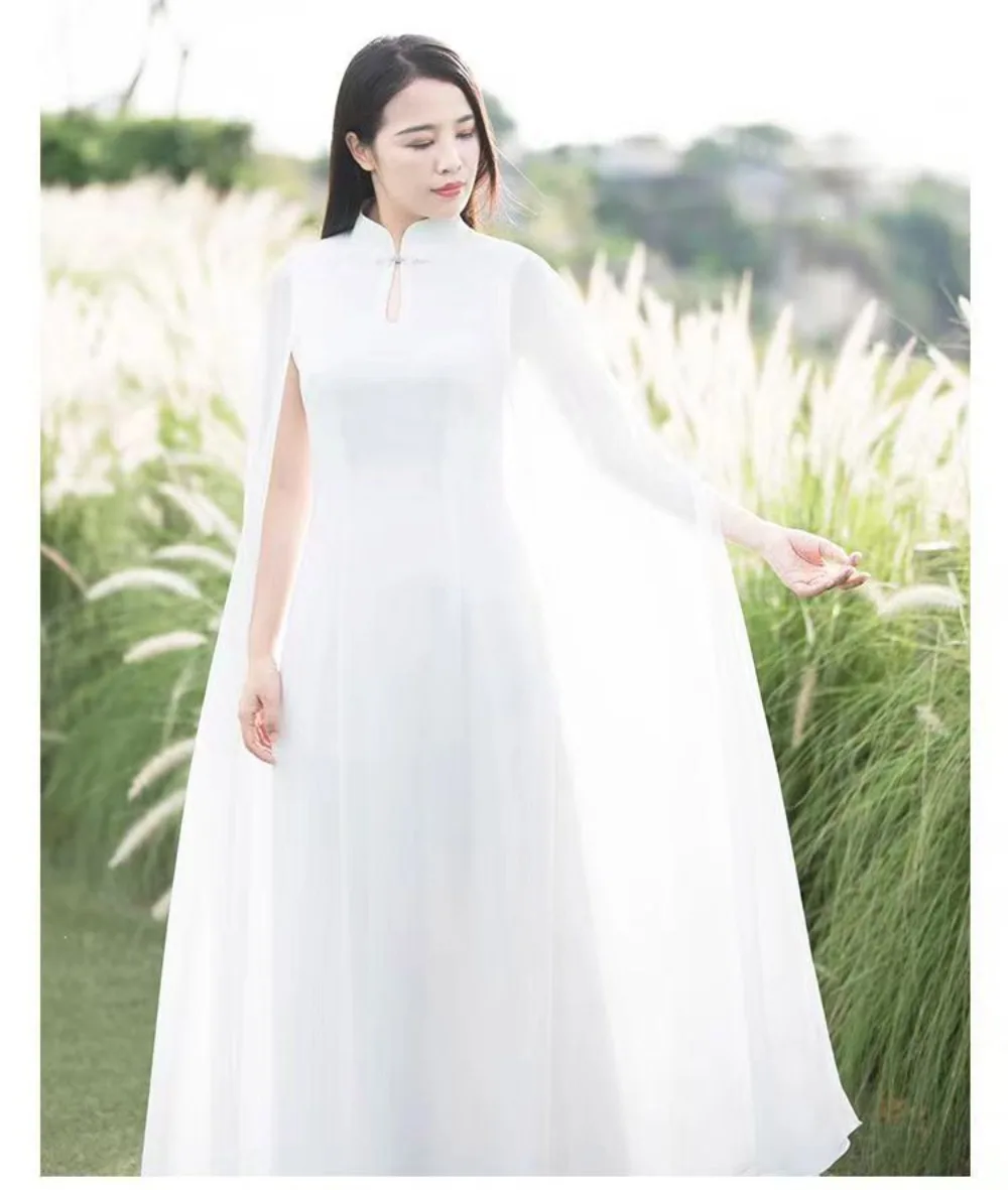 Summer Chiffon Long Cheongsam New Vintage Chinese Style Retro Hanfu White Light Blue Shawl Sleeve Hanfu Dress Modern