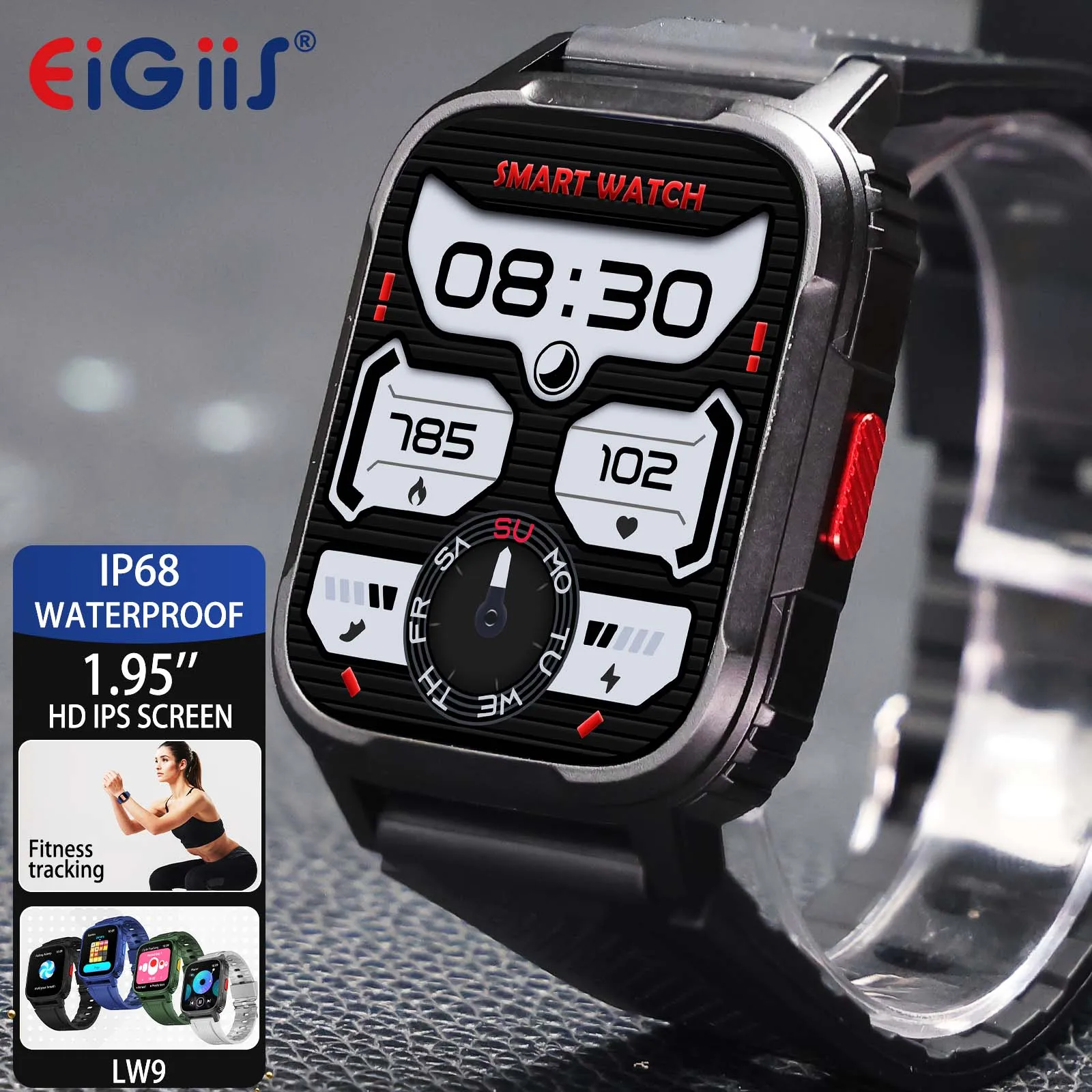 

EIGIIS Smart Watch Men 2024 1.95" IPS LW9 Fitness Tracker Bluetooth Call Heart Rate Blood Pressure IP68 Waterproof