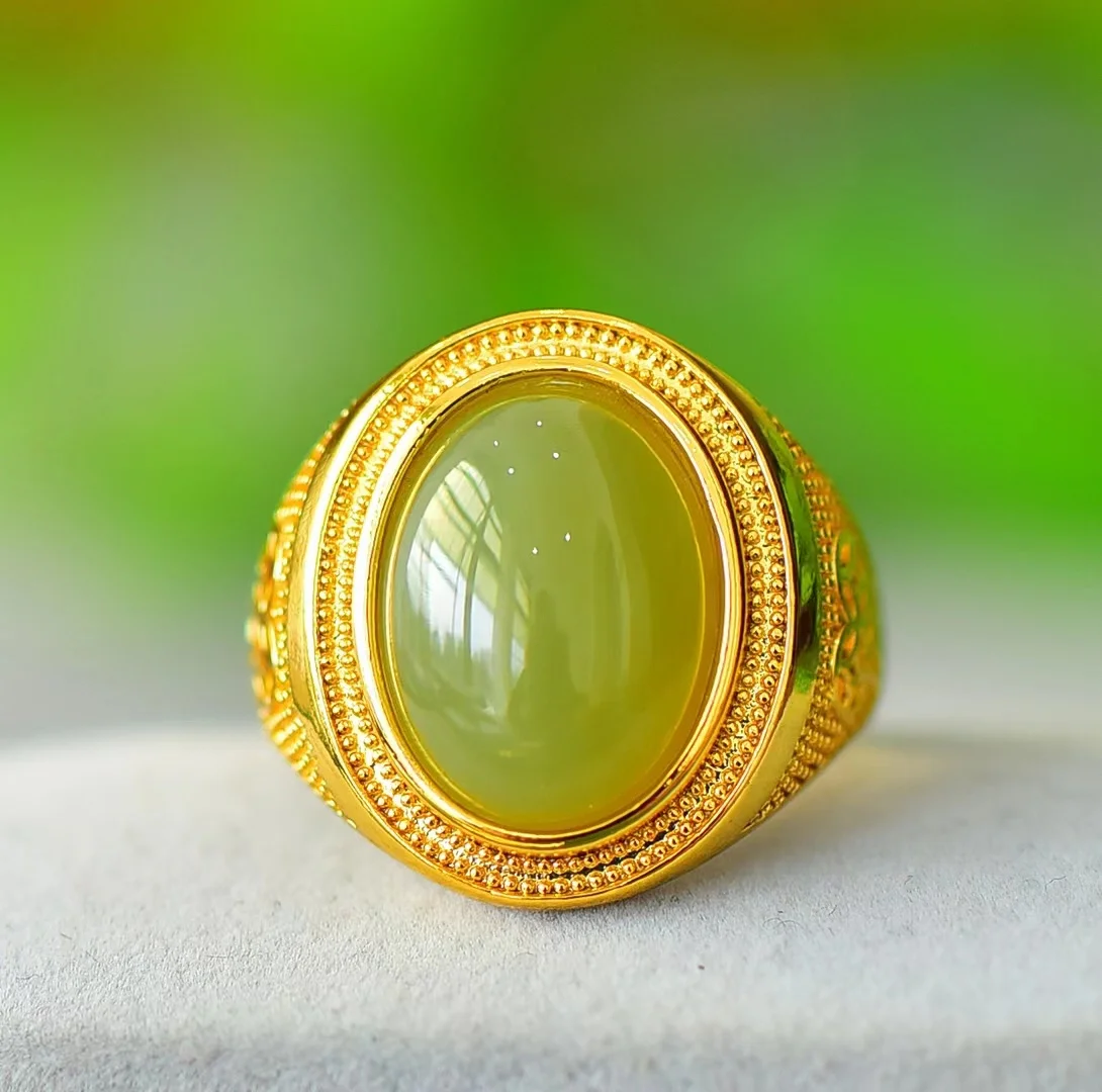 Anillo de Jade Hetian💍Anillos ajustables de piedra Natural para hombres y mujeres, joyería de piedras preciosas, amuleto Retro de lujo, joyería para damas