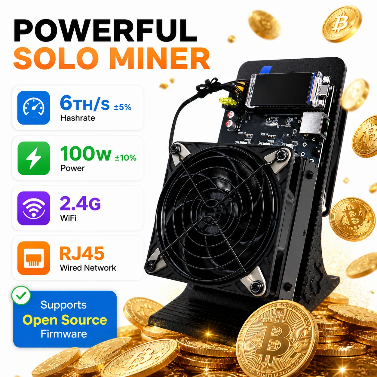 NerdQaxePlus 6TH/s BTC Bitcoin Miner 100W BM1370 SHA256 ASIC Solo Miner with RJ45 Ethernet Upgraded Open Source Home Mining