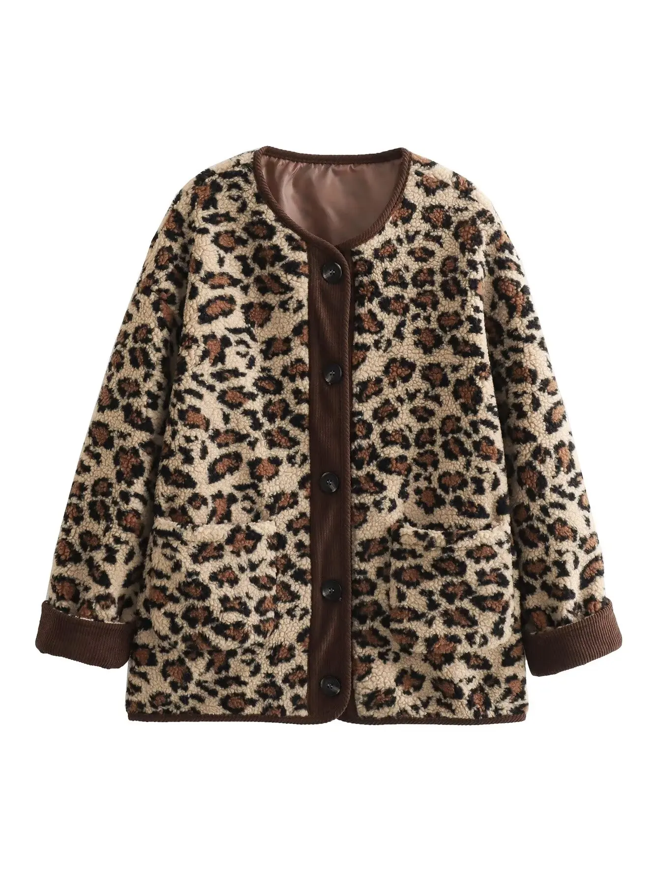 Moda damska Leopard Print Fleece Jacket O Neck Single Breasted Long Sleeve Coat 2024 Winter Female Chic Loose Outwear TRAF