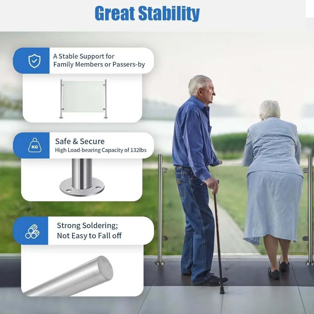Postes de barandilla de acero inoxidable de 110cm, poste de barandilla de vidrio redondo de acero inoxidable 316 con abrazaderas de vidrio aptas para vidrio templado de 8-12mm