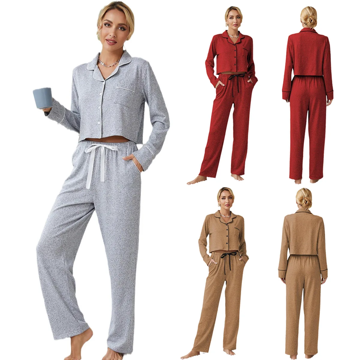 

Women Pajama Sets Turn Down Collar Single Breasted Tops Loose Straight Pants Elastic Waist Casual Sleep Lounge Ankle Length