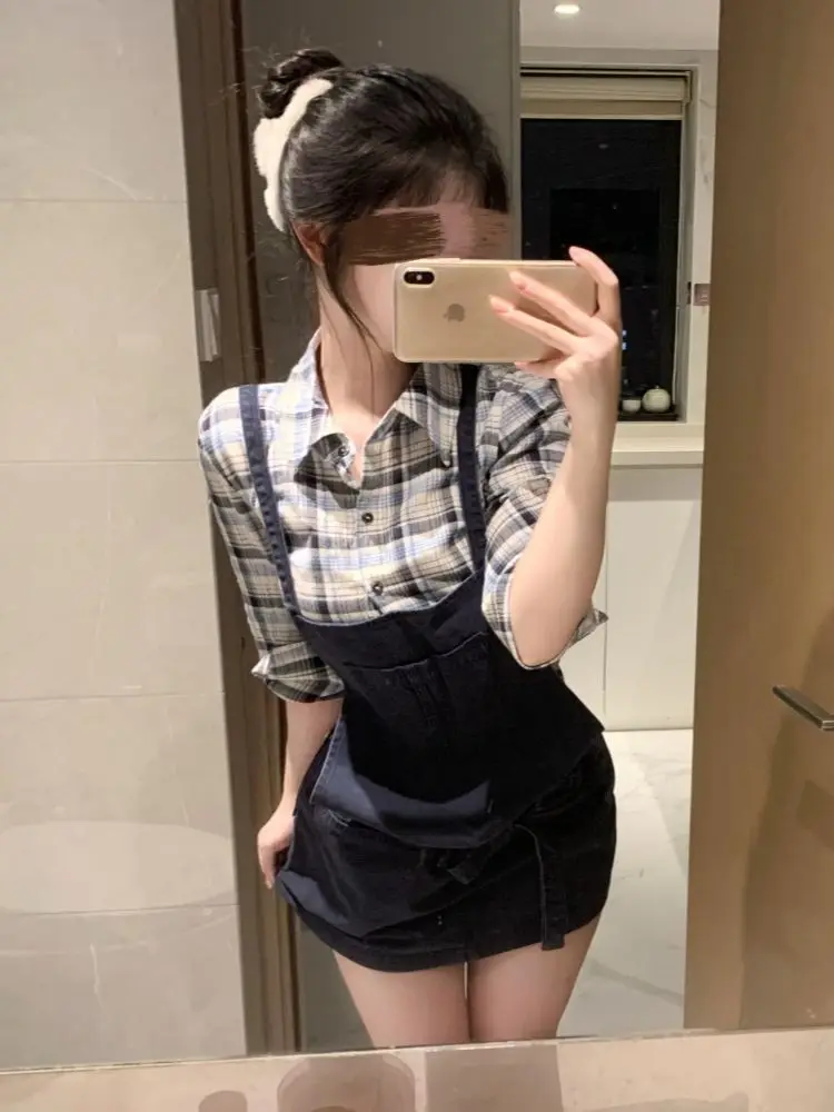Elegant Lolita Women's 2 Piece Set Plaid Long Sleeve Shirt + Black Suspender Mini Skirt Y2k Summer Outfits Korean Fashion Female view 3