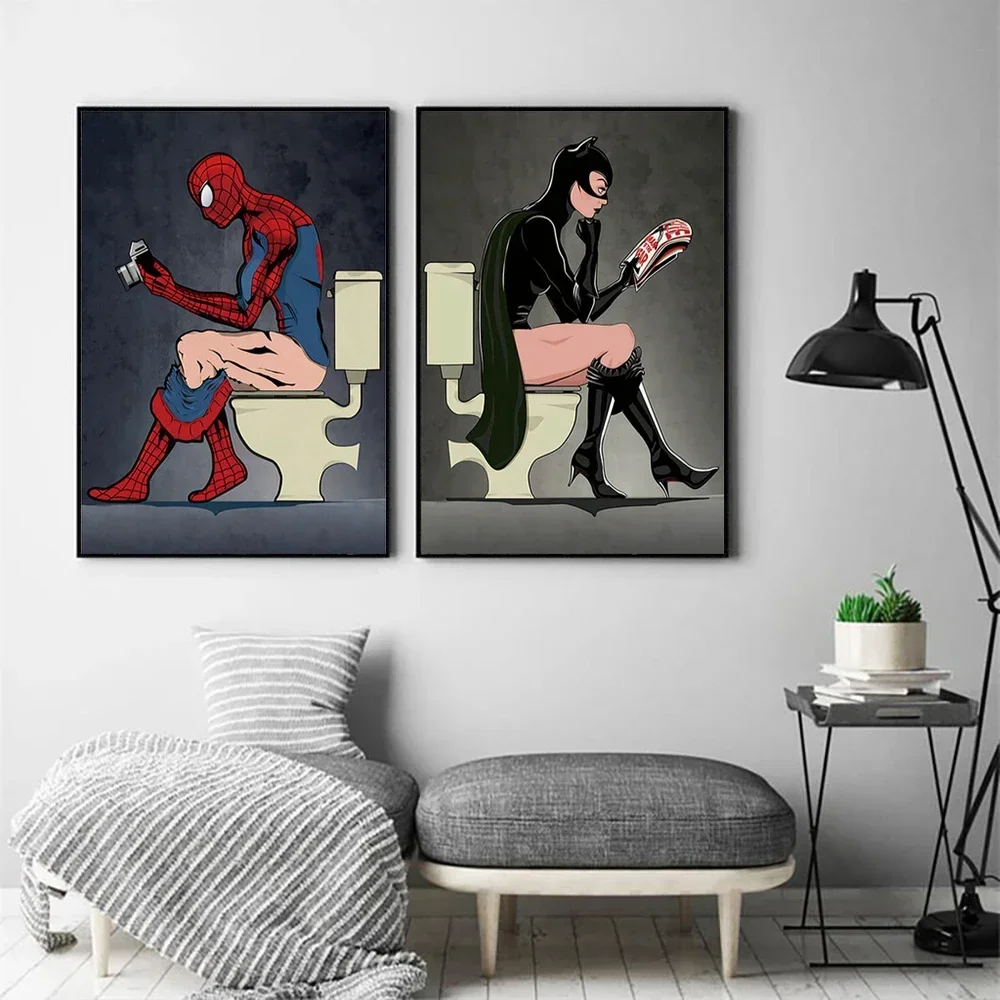 Marvel Superhero Character Read Magazine In The Toilet Painting Cartoon Canvas Posters Prints Bathroom Decor Wall Art Picture