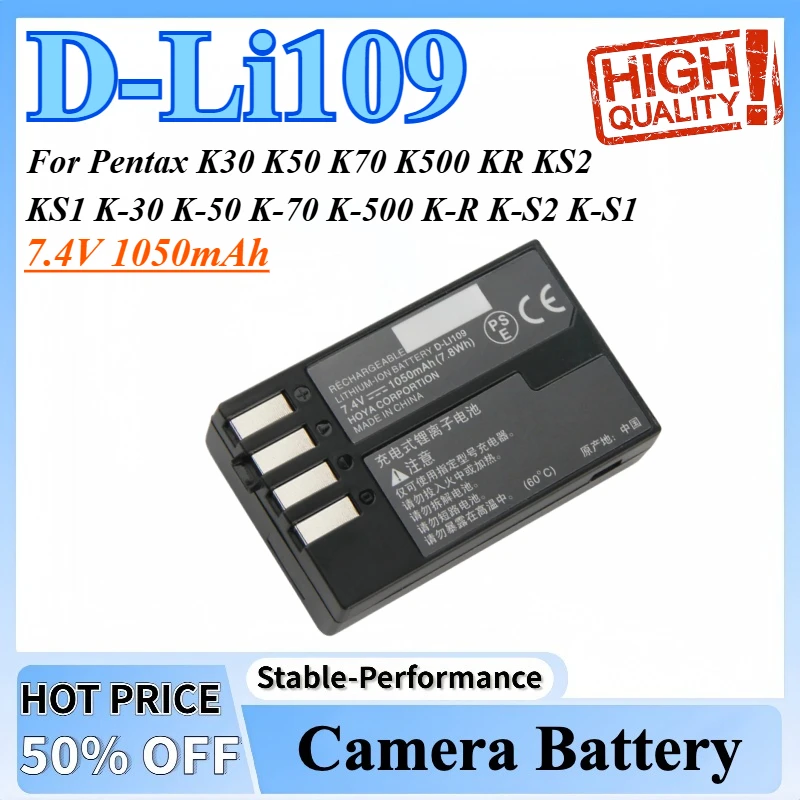 

New 7.4V 1050mAh Replacement Camera Battery D-Li109 for Pentax K30 K50 K70 K500 KR KS2 KS1 K-30 K-50 K-70 K-500 K-R K-S2 K-S1