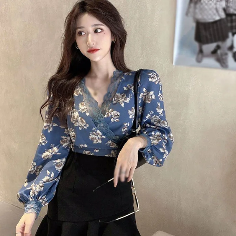 Ladies V-neck Floral Lace Splicing Long Sleeve Blouse Bubble Sleeve Chiffon Cross Back Tie Sexy Top