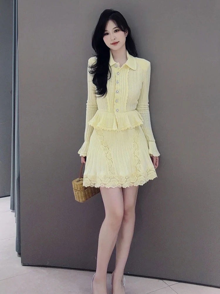 

2026 Spring New Style French-style Young Lady Style Frilled Edged Top + Lace Embroidered A-line Midi Skirt Knitted Set