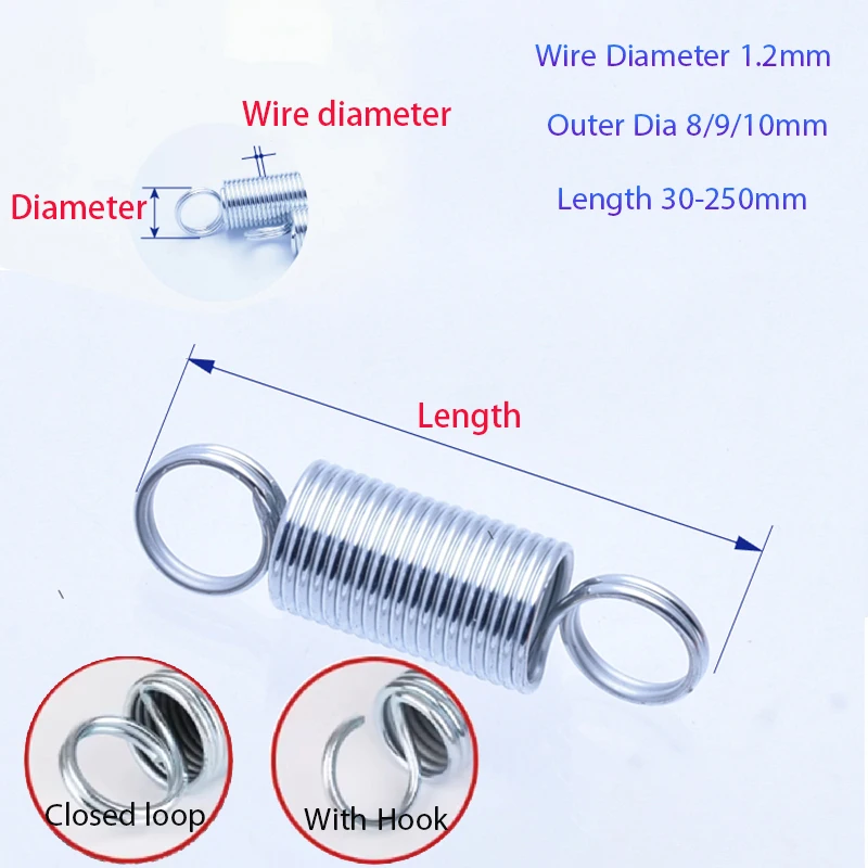 1-5Pcs Wire Diameter 1.2mm Galvanized Tension Spring Outer Dia 8/9/10mm Closed loop/With Hook Extension Spring Length 30-250mm