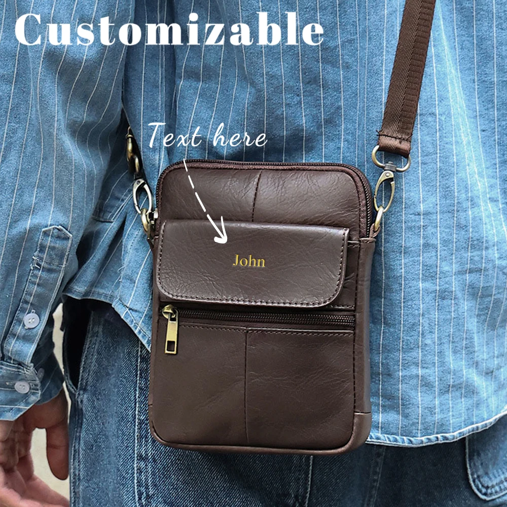 Customized Name Genuine Leather Men's Crossbody Bag for Mobile Phone Leather Shoulder Bag Retro Casual Crossbody Bag
