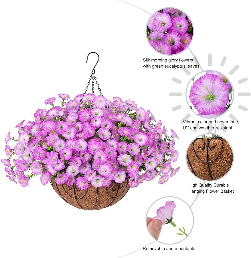 Artificial Fake Hanging Flowers Plants in Basket for Outdoor Decoration, 12 Pcs Faux Morning Glory in Planter Realistic UV Resis