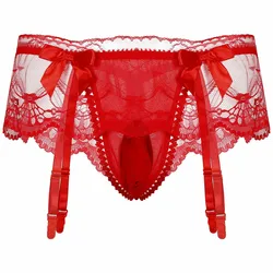 1pc Men's Lingerie Panties Underwear See Through Lace Briefs With Garter Sexy Low Waist Man Thongs G-strings