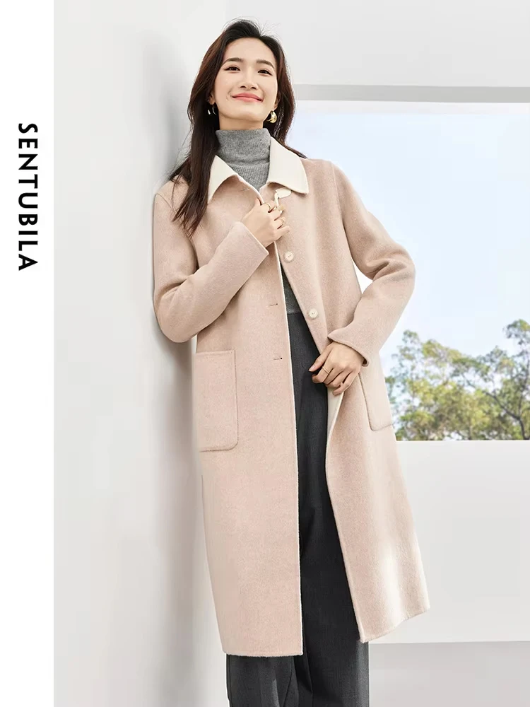 

SENTUBILA Long Wool Double Sided Woolen Coat Women Autumn Winter 2024 Loose Lapel Collar Woolen Jacket Warm Overcoat W34O50776