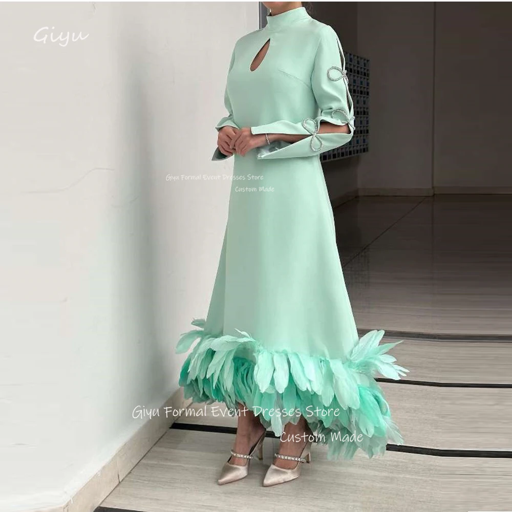 

Giyu Vintage Green A Line Fomral Evening Dresses Saudi Arabic Women Long Sleeves High Neck Feathers Ankle Length Prom Gowns