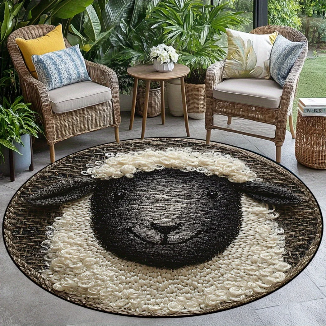 Cute Sheep Face Round Rug Farm Animal Theme Flannel Carpet for Kids Room Nursery Garden Patio Outdoor Indoor Use Soft Washable