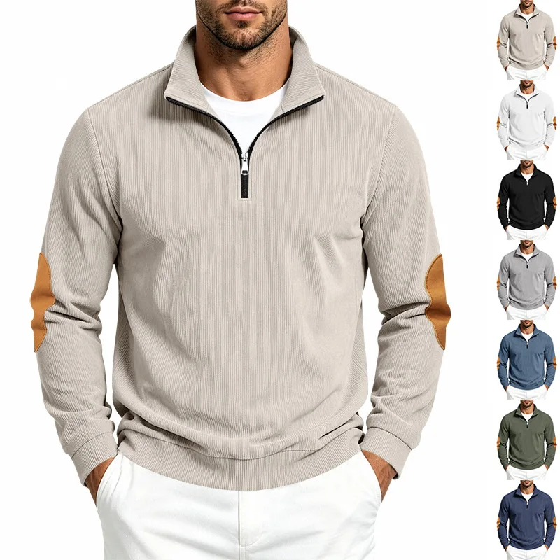 Men Vertical Striped Quarter Zip Stand Collar Sweatshirt Contrast Elbow Patch Long Sleeve Business Casual Pullover Tops