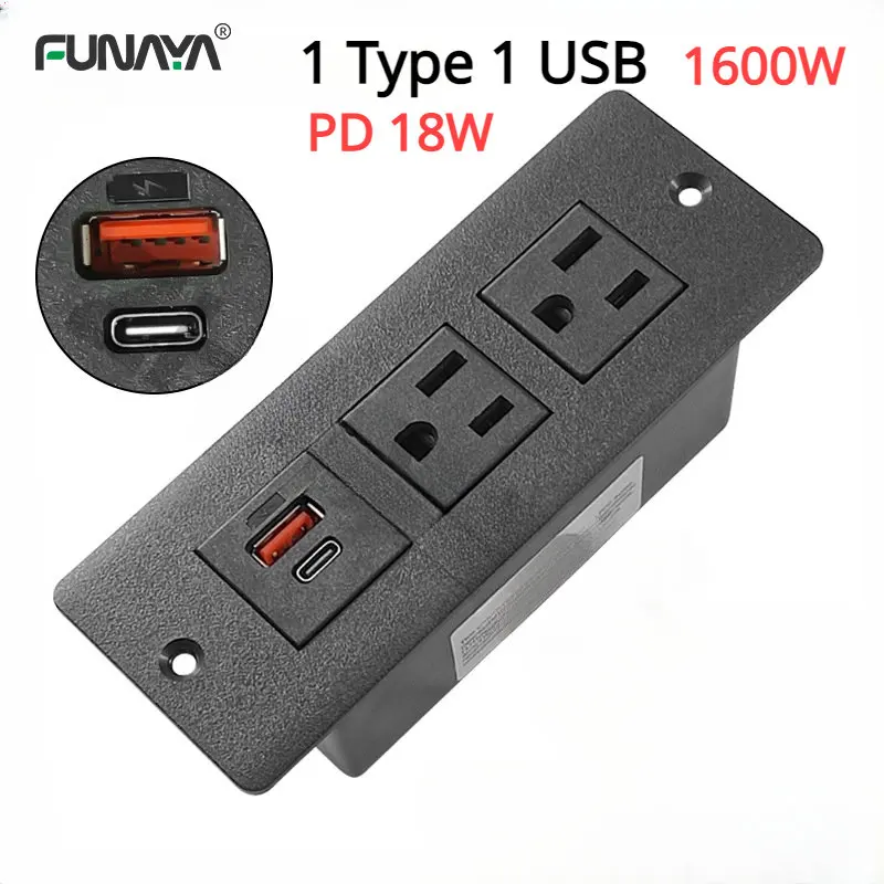 

US Table Power Sockets with 1 USB 1 Type-C PD QC 18W 5V 3.1A AC110V 220V Black Embed 15A 2 Outlet 4000W Furniture Hidden Socket