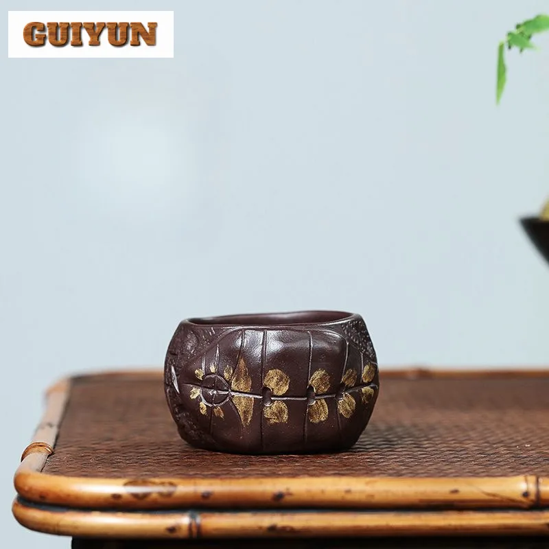 130ml Aesthetic Yixing Purple Clay Teacup Handmade Turtle Shell Pattern Tea Bowl Raw Ore Mud Master Cup Zisha Tea Set Customized