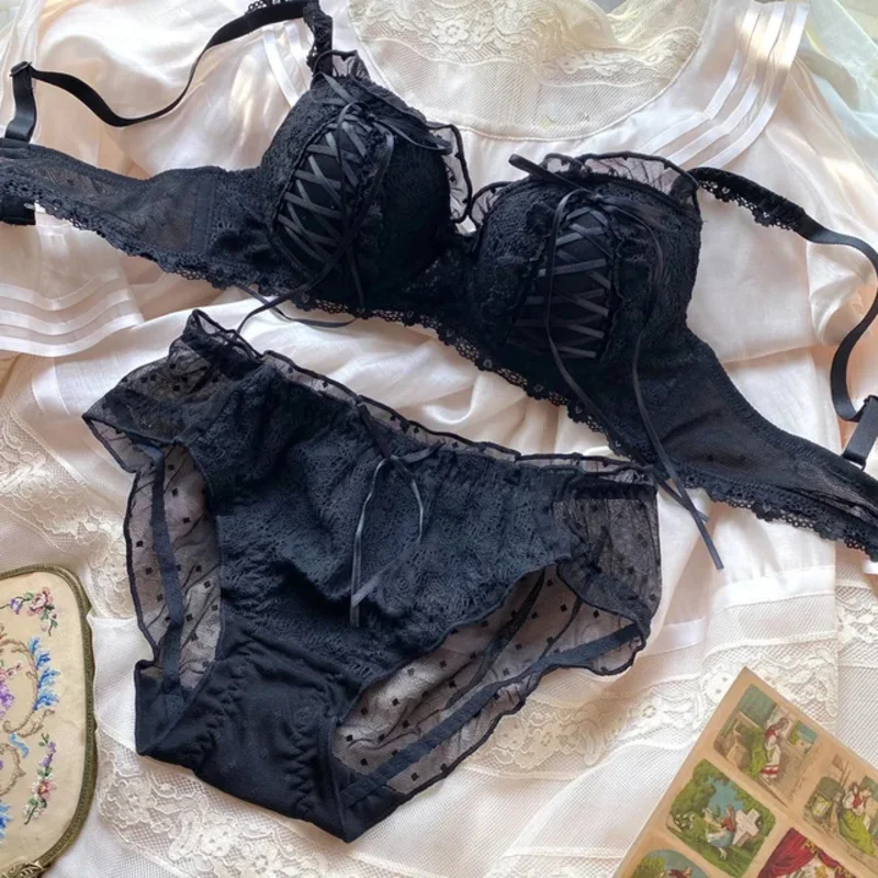 Push Up Lingerie reggiseno e slip Set reggiseni mutandine intimo Lace Up comodi slip traspiranti Set Lolita Girl Sweet intimo