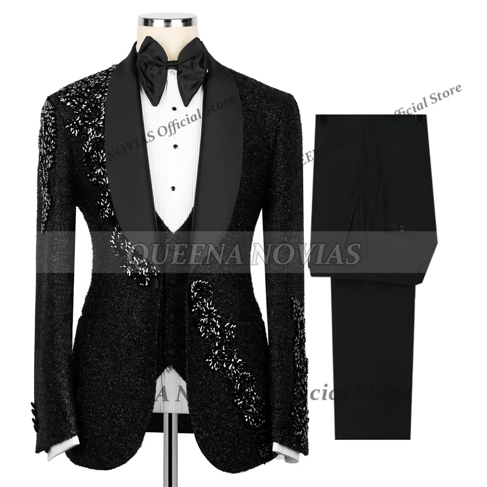 

Изысканные мужские костюмы с бриллиантовой вышивкой, пиджаки с шалевым воротником для жениха, индивидуальные комплекты из 3 предметов, мужские смокинги для банкетов, костюмы для мужчин