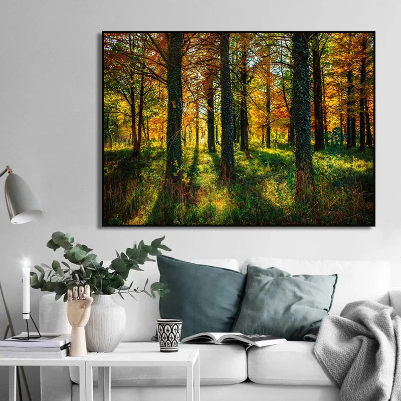 Nature Scenery Green Trees Forest Bamboo Waterfall Landscape Canvas Painting Poster Print Wall Art for Living Room Home Decor